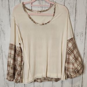 POL Cream and Brown Plaid Blouse